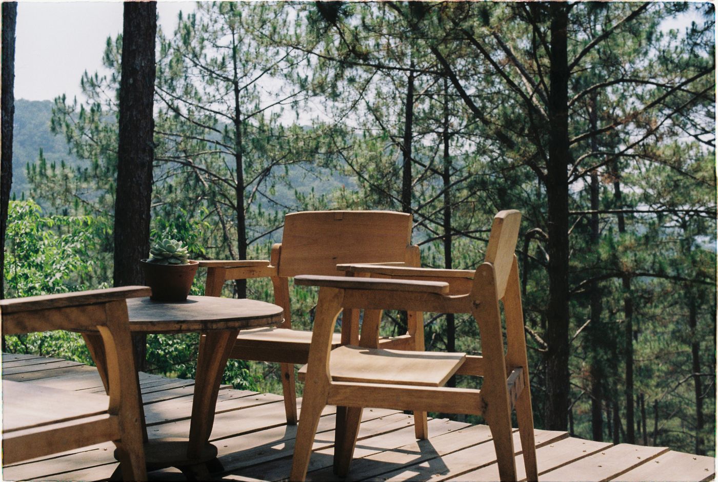 Wooden deck with table and chairs among tall pine trees
